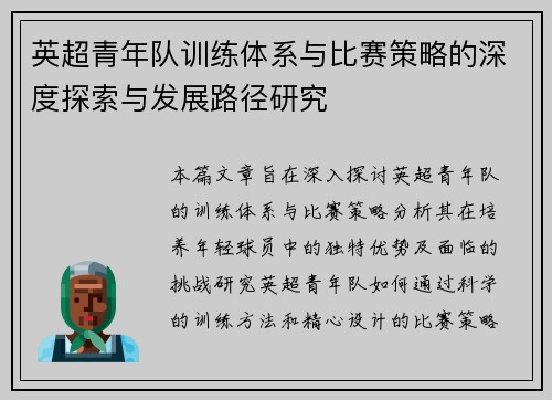 英超青年队训练体系与比赛策略的深度探索与发展路径研究